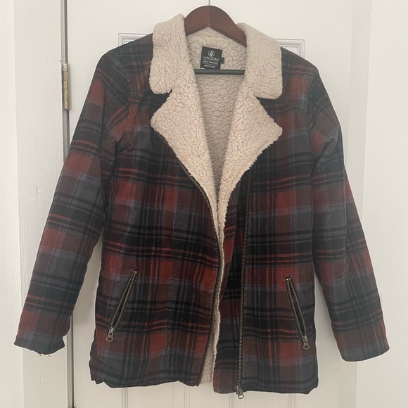 Volcom Plaid Sherpa Coat Women’s Size S - Picture 2 of 7